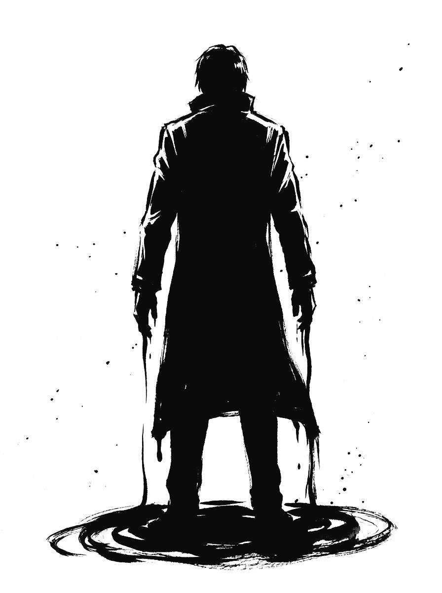 Ink drawing of a standing figure seen from behind in a long coat, a pool of ink at their feet