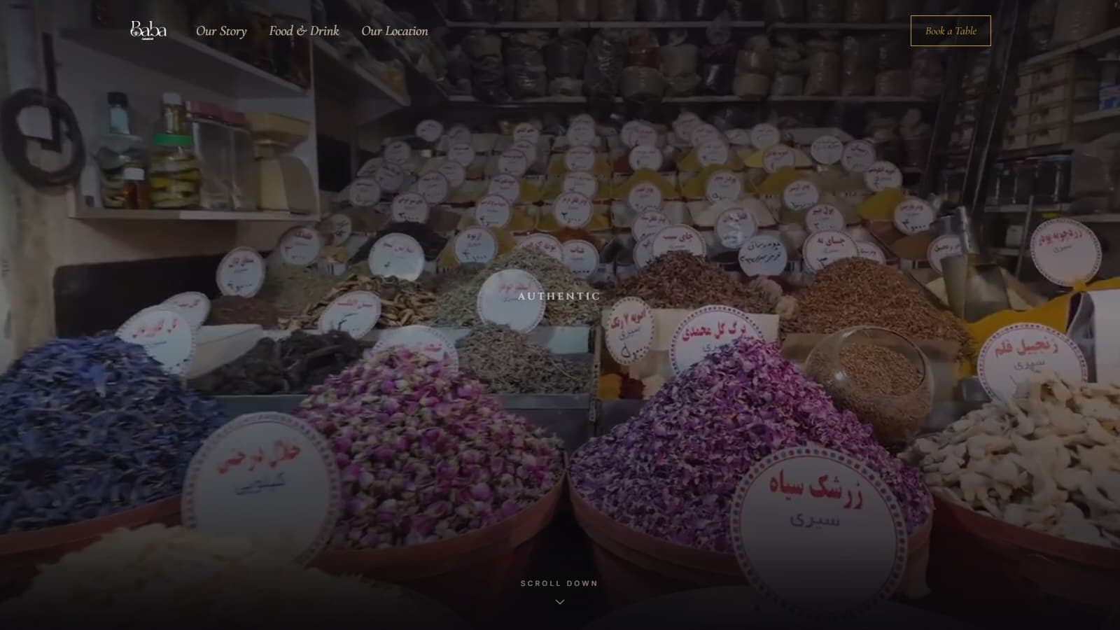 Baba Cafe Grill homepage showing the Baba wordmark, Persian flavours message, menu navigation, and Book a Table action over a restaurant photograph.