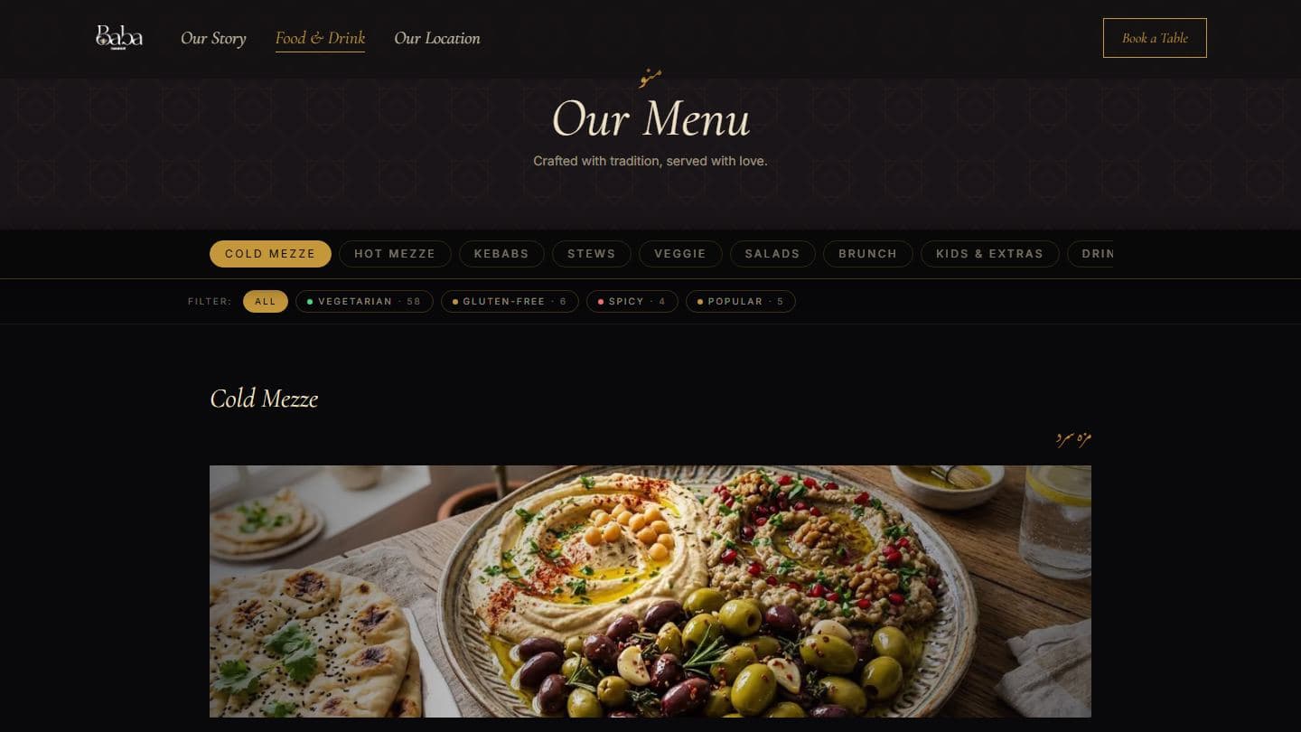 Baba Cafe Grill’s menu page, with category tabs from Cold Mezze to Kids & Extras, dietary filters, and a photo of a cold mezze platter.